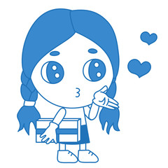 girl holds a gift in his hand and blows a kiss, color clip art on white isolated background with hearts