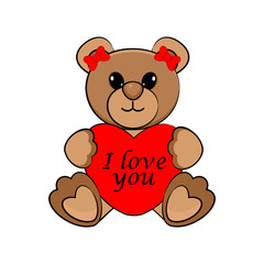 Cute little teddy bear with big pink heart. Greeting card. Valentine's day.