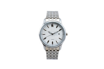 Vintage white wristwatch with silver color strap, classic round shape, numberless wrist watch with metal strap, white clock face dial. Isolated on white background.