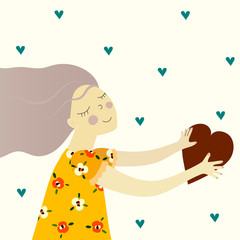 Lovely girl is giving heart. Cute card for Valentines Day.