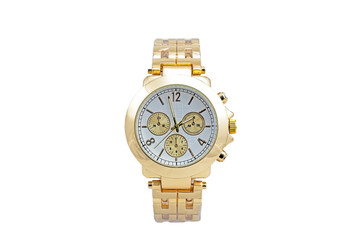 Men's gold colored wristwatch, classic round shape, with metal strap, white clock face dial and...