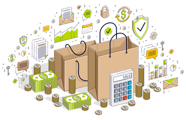 Sellout concept, Retail, Big Sale, Shopping Bag with cash money stacks and coin piles isolated on white. Isometric 3d vector finance illustration with icons, stats charts and design elements.