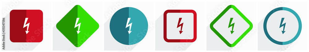 Poster Bolt icon set, flat design vector illustration in 6 options for webdesign and mobile applications in eps 10