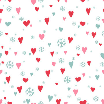 Silhouettes seamless pattern with cute hearts and snowflakes. Happy Valentine's day - Vector