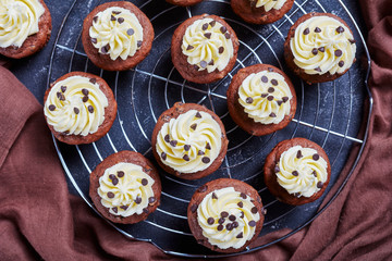 Chocolate cupcakes on a metal rack, flat lay