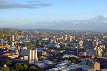 Panorama of Yerevan and view at Ararat Mountain. Armenia.