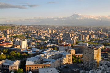 Panorama of Yerevan and view at Ararat Mountain. Armenia.