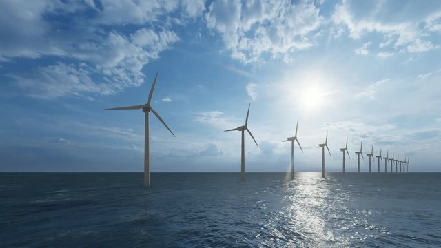 Row of large wind generators in the ocean 4k