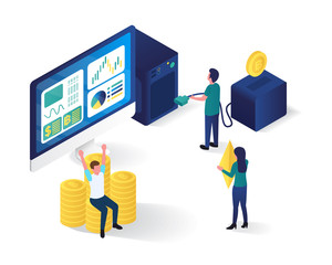 bitcoin mining isometric illustration, bitcoin 3d isometric illustration