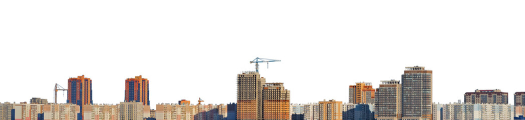 Naklejka premium Construction of a new residential area. Panorama new high-rise buildings isolated on a white background. Boarder template for web site or other project.