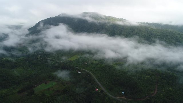 Flying above a jungle with clouds and mist