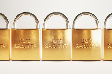 Padlocks in row with data security engraving. Security concept - 3D Rendering