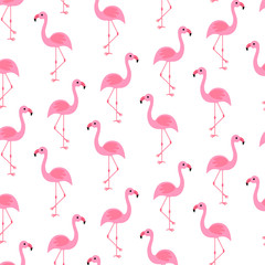 Modern design seamless pattern with flamingos for fabric design. Tropical summer seamless pattern. Summer vacation. Vector tropical wallpaper. Flamingo in abstract style on white background.
