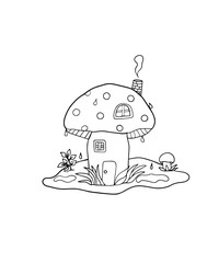   Vector linear illustration of a mushroom house. Coloring book Rain. Drops. Plants.