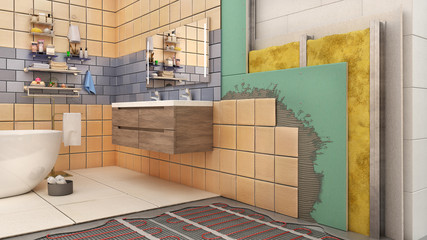 Walls and floor thermal insulation in bathroom interior, 3d illustration