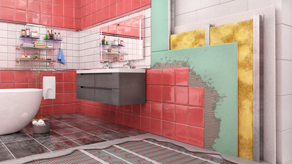 Layered scheme of bathroom interior thermal insulation, 3d illustration