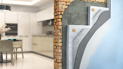 Brickwall thermal insulation by styrofoam with kitchen interior on background, 3d illustration - obrazy, fototapety, plakaty