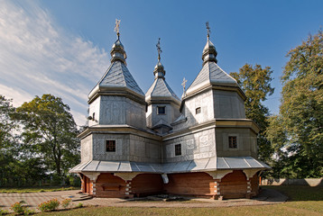 Fototapeta na wymiar The Church of the Nativity of B.V.M. at Nyzhniy Verbizh, Ukraine is part of the Unesco world heritage site Wooden Tserkvas of the Carpathian Region