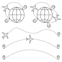 the plane flies along a trajectory. Vector illustration isolated on a white background. Airplane linear icons.