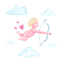 Watercolor cute Cupid in the clouds. Illustration for Valentine's Day