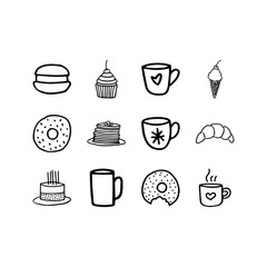 Set of hand drawn food icons isolated on a white background.Food doodles.Pancake,doughnut,macaron, birthday cake,ice cream, croissant,cupcake,hot chocolate,tea,coffee cup,mug icons.