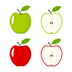 Set of red and green apple and half of fruit with leaf vector ilustration. EPS 10