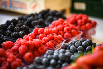 fresh berries close up - strawberries, blueberries, red berries, raspberry, black berries 