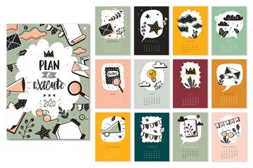 Bullet journal doodle calendar months set