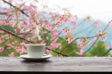 Coffee espresso on wood table nature background in garden,warm tone