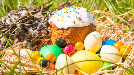 Close-up of sweet Easter cakes with colorful eggs among spring grass.
