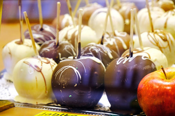 Appless coated with black, white and milk chocolate in candy shop window. Glazed fruits, holiday treats for children.