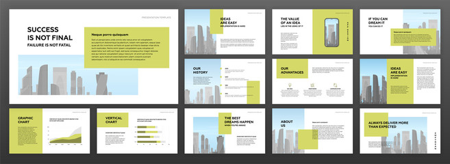 Modern minimalistic powerpoint presentation templates set for business with cityscape vector illustration on background. Keynote template, social media banner, booklet design, brochure concept.