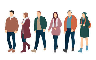 Fototapeta premium Silhouettes of men and women of outerwear different colors, cartoon character, group of standing and waiking business people, flat icon design concept isolated on white background