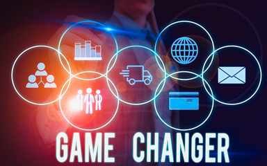 Writing note showing Game Changer. Business concept for way that effects a major shift in the...