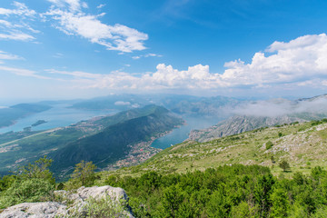 Fototapeta na wymiar sea view from a mountain in Montenegro. panorama of the historical city and the Bay