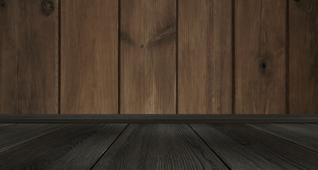 Dark room, wooden table. Empty stage with a table.