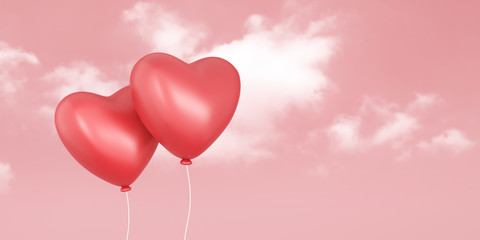 Fototapeta na wymiar Couple of red balloons on love sky and pink background with valentine day festival. Romantic hearts for wedding decoration party style. 3D rendering.