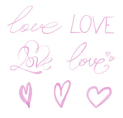 Watercolor lettering the word love. Declaration of love. Inscription for Valentine's day. Word Letters about Love and Valentine on white background.