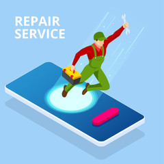 Isometric Home Repair and Renewal Service. Call Master for Home Work. Mechanic or Electronic Service Concept. Repairman Character.
