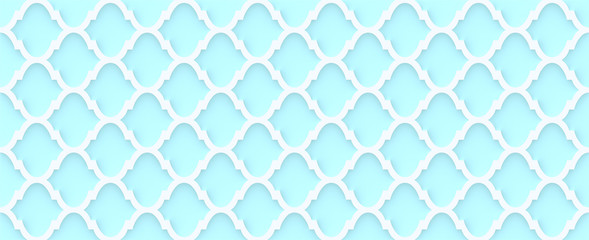 Moroccan quatrefoil  geometric seamless  3d pattern, background, illustration in mint blue, soft turquoise color and white. interior wall decor
