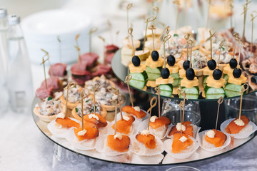canapes with olives, cheese, cucumber and red fish for a delicious appetizer