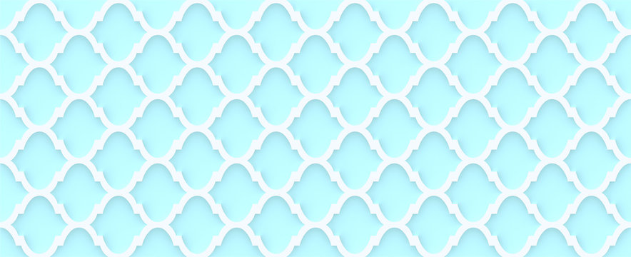 Moroccan quatrefoil  geometric seamless  3d pattern, background, illustration in mint blue, soft turquoise color and white. interior wall decor
