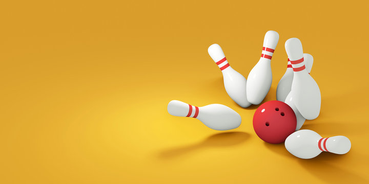 Red bowling ball striking against pins. 3d render