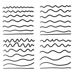 hand drawn Wave line and wavy zigzag pattern lines. Vector black underlines, smooth end squiggly horizontal curvy squiggles isolated