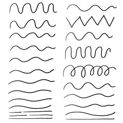 hand drawn Wave line and wavy zigzag pattern lines. Vector black underlines, smooth end squiggly horizontal curvy squiggles isolated - obrazy, fototapety, plakaty