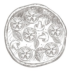 Pizza with tomatoes, mushrooms and basil. Vintage illustration.