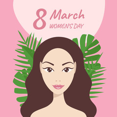 Young girl with tropical leaves, flowers isolated on a pink background, vector flat illustration. March 8 greeting card with text. Happy Women's day concept