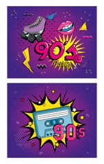 set poster of nineties retro style with icons vector illustration design