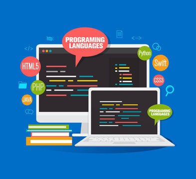 programing languages banner, coding, flat illustration concept