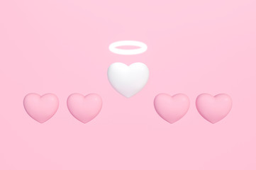 Pure white heart and white halo angel ring floating among pink heart on pastel pink background 3d rendering. 3D illustration pure love and Valentines Day greeting card template minimal concept.